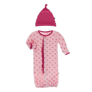 KicKee Pants Ruffle Layette Gown Converter and Single Knot Hat Set - Lotus Cherries and Blossoms