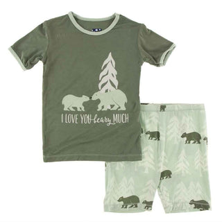 KicKee Pants Short Sleeve Piece Print Pajama Set with Shorts - Aloe Bears and Treeline