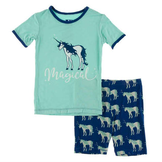 KicKee Pants Short Sleeve Piece Print Pajama Set with Shorts - Flag Blue Unicorns