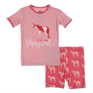 KicKee Pants Short Sleeve Piece Print Pajama Set with Shorts - Red Ginger Unicorns