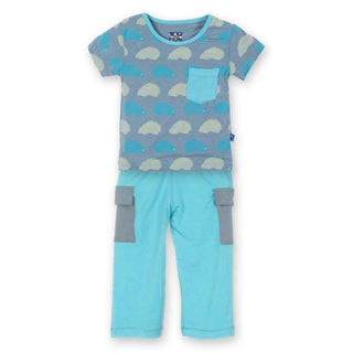 KicKee Pants Short Sleeve Tee with Pocket and Cargo Pant Outfit Set, Dusty Sky Porcupine