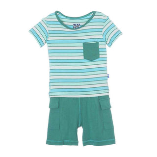KicKee Pants Short Sleeve Tee with Pocket and Cargo Short Outfit Set, Tropical Stripe
