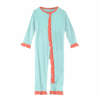KicKee Pants Solid Classic Ruffle Coverall with Zipper - Summer Sky with English Rose SP21