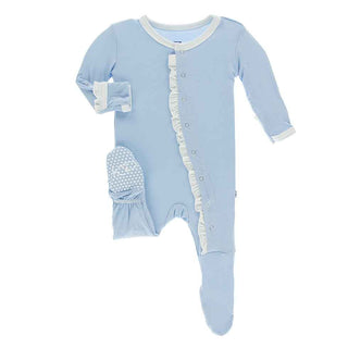 KicKee Pants Solid Classic Ruffle Footie with Snaps - Pond with Natural