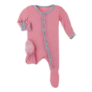 Solid Classic Ruffle Footie with Snaps - Strawberry with Jade KicKee Pants Size: 3-6 Months
