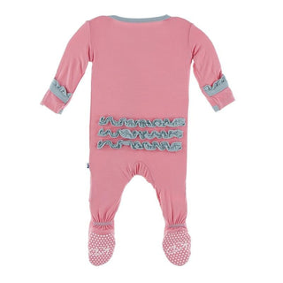 Solid Classic Ruffle Footie with Snaps - Strawberry with Jade KicKee Pants Size: 3-6 Months