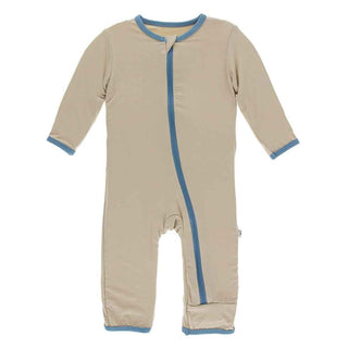KicKee Pants Solid Coverall with Zipper - Burlap with Blue Moon