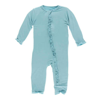KicKee Pants Solid Layette Classic Ruffle Coverall with Zipper - Glacier