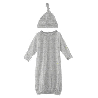 KicKee Pants Solid Layette Gown and Single Knot Hat Set - Heathered Mist RT
