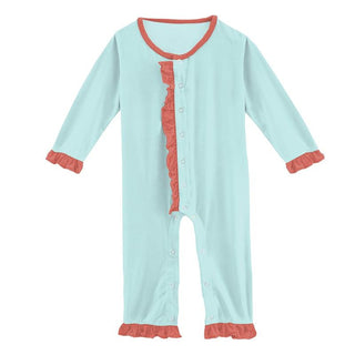 KicKee Pants Solid Long Sleeve Dahlia Flower Romper - Summer Sky with English Rose SP21