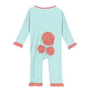 KicKee Pants Solid Long Sleeve Dahlia Flower Romper - Summer Sky with English Rose SP21