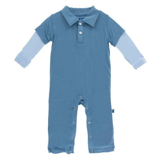 KicKee Pants Solid Long Sleeve Double Layer Polo Romper - Parisian Blue with Pond