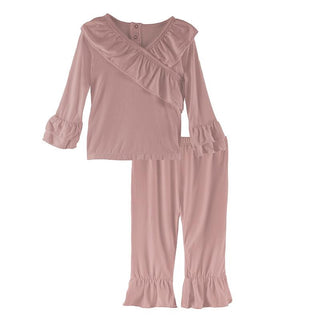 KicKee Pants Solid Long Sleeve Kimono Double Ruffle Outfit Set - Antique Pink SP21