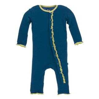 KicKee Pants Solid Muffin Ruffle Coverall Snaps - Peacock with Willow