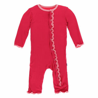 KicKee Pants Solid Muffin Ruffle Coverall with Snaps - Flag Red with Strawberry
