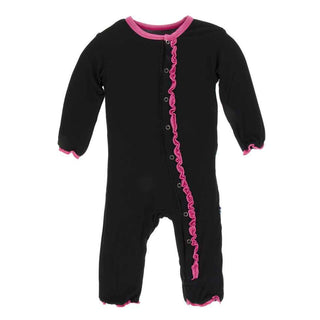 KicKee Pants Solid Muffin Ruffle Coverall with Snaps - Midnight with Flamingo