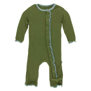 KicKee Pants Solid Muffin Ruffle Coverall with Snaps - Moss with Shore