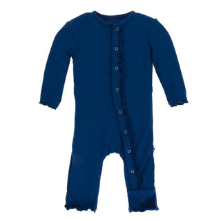 KicKee Pants Solid Muffin Ruffle Coverall with Snaps - Navy