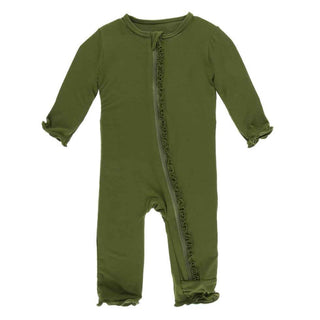 KicKee Pants Solid Muffin Ruffle Coverall with Zipper - Pesto