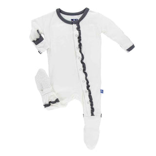 Solid Bamboo Muffin Ruffle Footie with Snaps, Natural with Stone Baby & Toddler Sleepwear