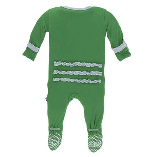 KicKee Pants Solid Muffin Ruffle Footie with Snaps - Fern with Spring Sky