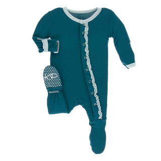 KicKee Pants Solid Muffin Ruffle Footie with Snaps - Heritage Blue with Spring Sky
