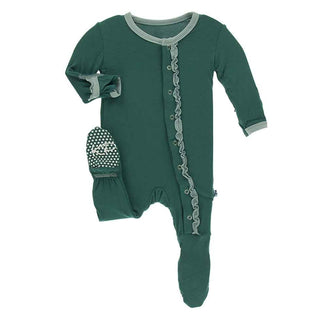 KicKee Pants Solid Muffin Ruffle Footie with Snaps - Ivy with Jade