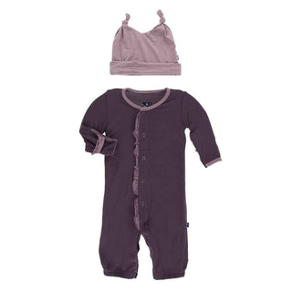 KicKee Pants Solid Ruffle Layette Gown Converter and Knot Hat Set - Fig with Elderberry