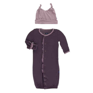 KicKee Pants Solid Ruffle Layette Gown Converter and Knot Hat Set - Fig with Elderberry