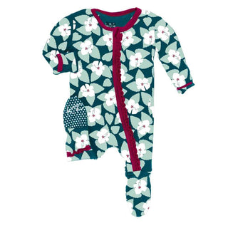 KicKee Pants VM Custom Print Muffin Ruffle Footie with Zipper - Oasis Hibiscus with Rhododendron Trim