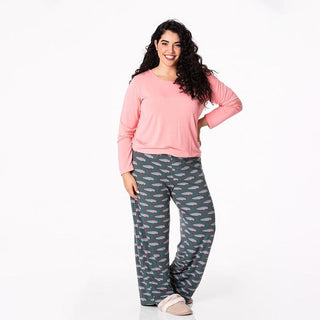 KicKee Pants Womens Long Sleeve Loosey Goosey Tee and Pajama Pant Set - Stone Rainbow Trout
