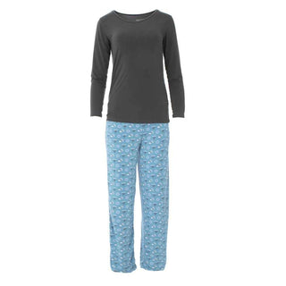 KicKee Pants Womens Long Sleeve Loosey Goosey Tee and Pajama Pants Set - Blue Moon Hanukkah