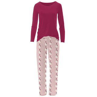 KicKee Pants Women's Print Bamboo Long Sleeve Loosey Goosey Tee & Pajama Pants Set - Baby Rose Snowman