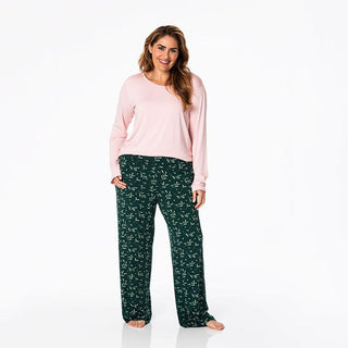 KicKee Pants Women's Print Bamboo Long Sleeve Loosey Goosey Tee & Pajama Pants Set - Pine Mistletoe