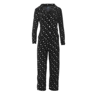KicKee Pants Womens Print Long Sleeve Collared Pajama Set - Silver Bright Stars