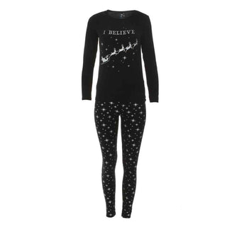 KicKee Pants Womens Print Long Sleeve FittedPajama Set - Silver Bright Stars