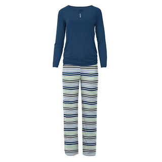 KicKee Pants Womens Print Long Sleeve Henley Tee and Pajama Pant Set - Fairground Stripe
