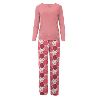 KicKee Pants Womens Print Long Sleeve Henley Tee and Pajama Pant Set - Natural Dahlias