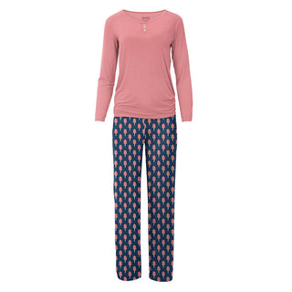 KicKee Pants Womens Print Long Sleeve Henley Tee and Pajama Pant Set - Navy Cotton Candy