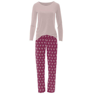 KicKee Pants Women's Print Long Sleeve Loosey Goosey Tee & Pajama Pants Set - Berry Ski Birds