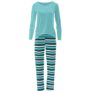 KicKee Pants Womens Print Long Sleeve Loosey Goosey Tee and Pajama Pants Set - Ice Multi Stripe