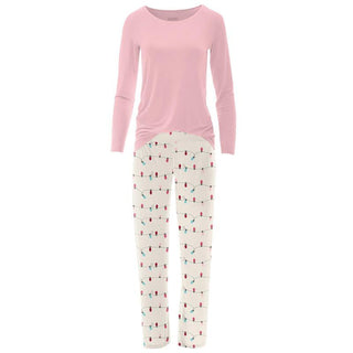 KicKee Pants Womens Print Long Sleeve Loosey Goosey Tee and Pajama Pants Set - Natural Holiday Lights WCA22