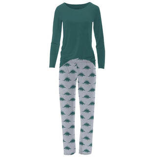 KicKee Pants Women's Print Long Sleeve Loosey Goosey Tee & Pajama Pants Set - Pearl Blue Menorahsaurus