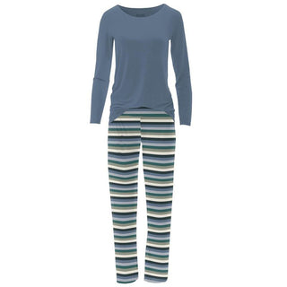 KicKee Pants Women's Print Long Sleeve Loosey Goosey Tee & Pajama Pants Set - Snowy Stripe