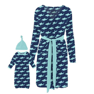 KicKee Pants Womens Print Maternity/Nursing Robe and Layette Gown Set - Flag Blue Sharky