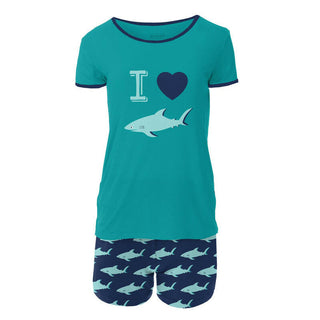 KicKee Pants Womens Print Short Sleeve Graphic Tee Fitted Pajama Set with Shorts - Flag Blue Sharky