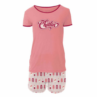 KicKee Pants Womens Print Short Sleeve Graphic Tee Fitted Pajama Set with Shorts - Macaroon Popsicles