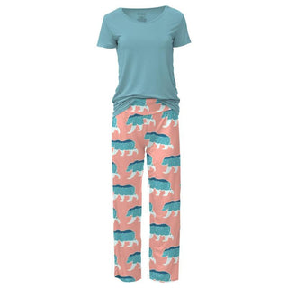 KicKee Pants Womens Print Short Sleeve Loosey Goosey Tee and Pajama Pants Set - Blush Night Sky Bear