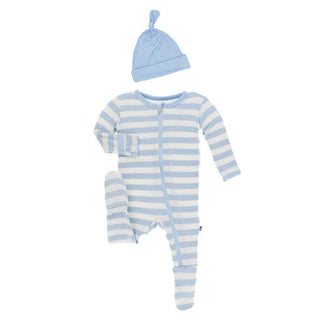 KicKee Pants Zipper Footie and Hat Gift Set - Pond Stripe with Pond Hat