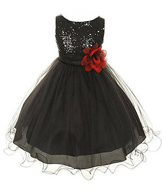 Kid's Dream Girl's Sequin Double Mesh Flower Dress - Black